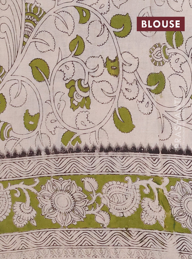 Kalamkari cotton saree peacock blue and light green with allover prints and printed border