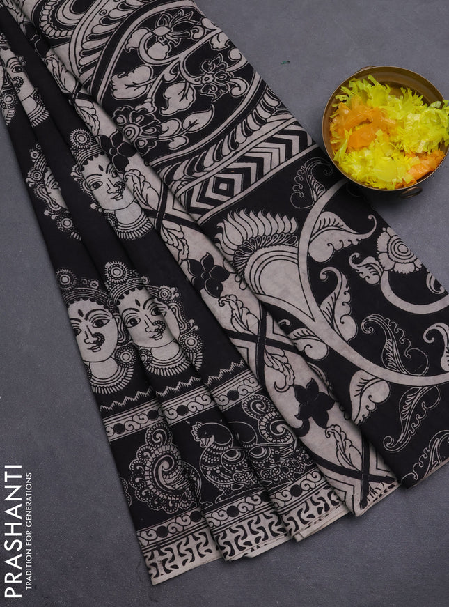 Kalamkari cotton saree black with allover prints and printed border