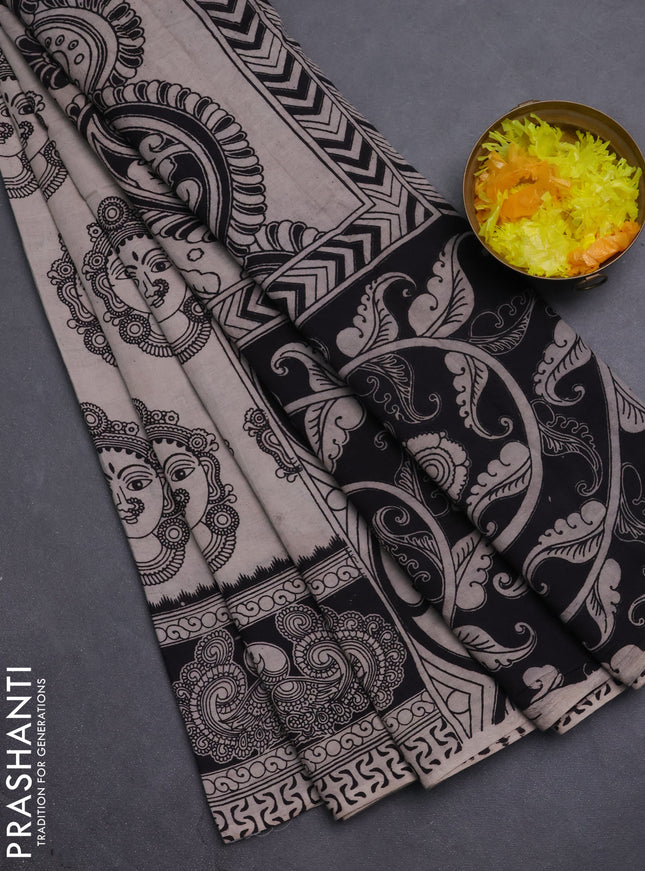 Kalamkari cotton saree beige and black with allover prints and printed border
