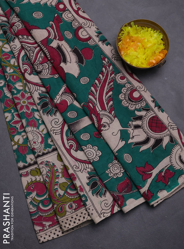 Kalamkari cotton saree green and beige with allover prints and printed border