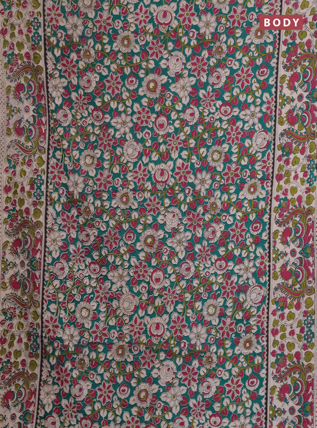 Kalamkari cotton saree green and beige with allover prints and printed border