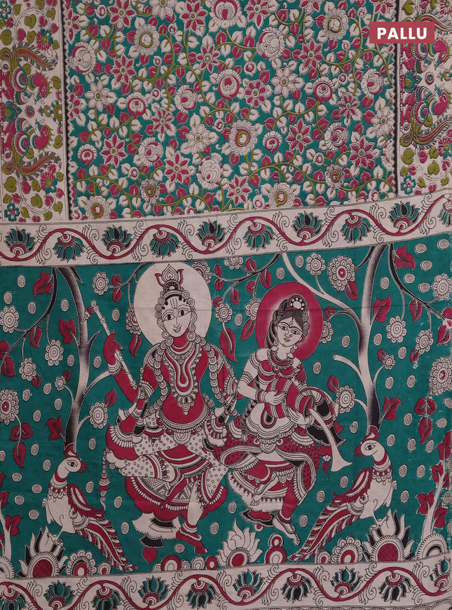 Kalamkari cotton saree green and beige with allover prints and printed border