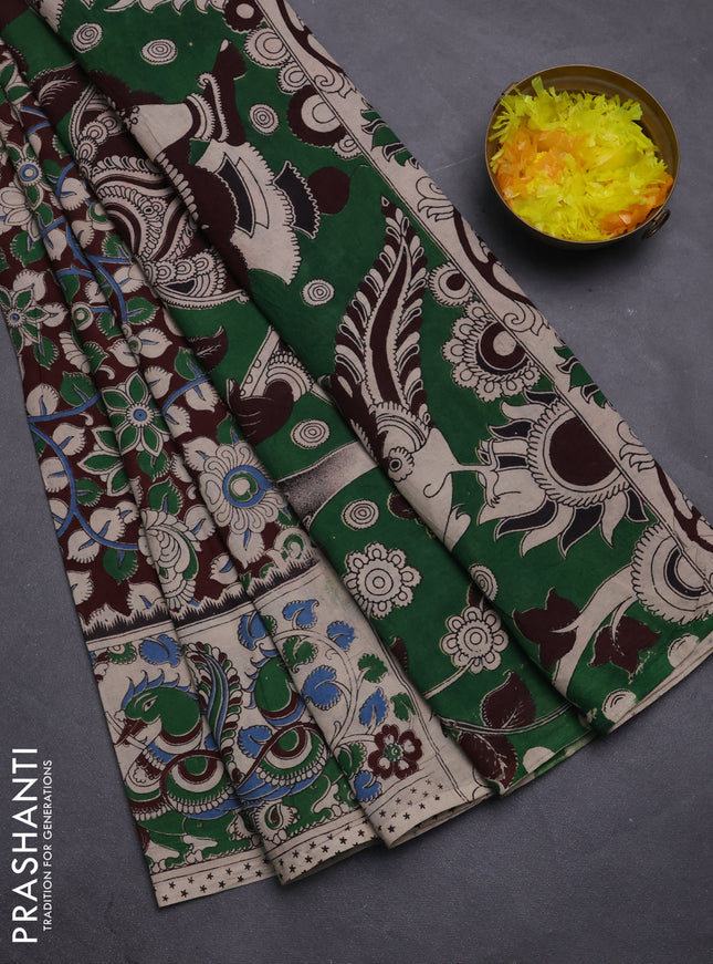 Kalamkari cotton saree deep maroon and beige with allover prints and printed border