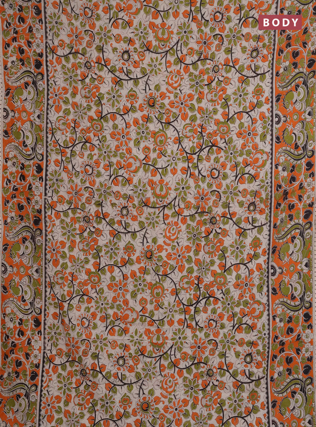 Kalamkari cotton saree beige and orange with allover prints and printed border