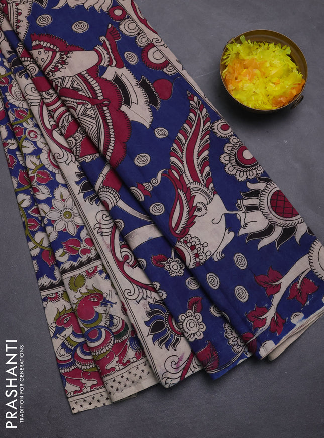 Kalamkari cotton saree blue and beige with allover prints and printed border