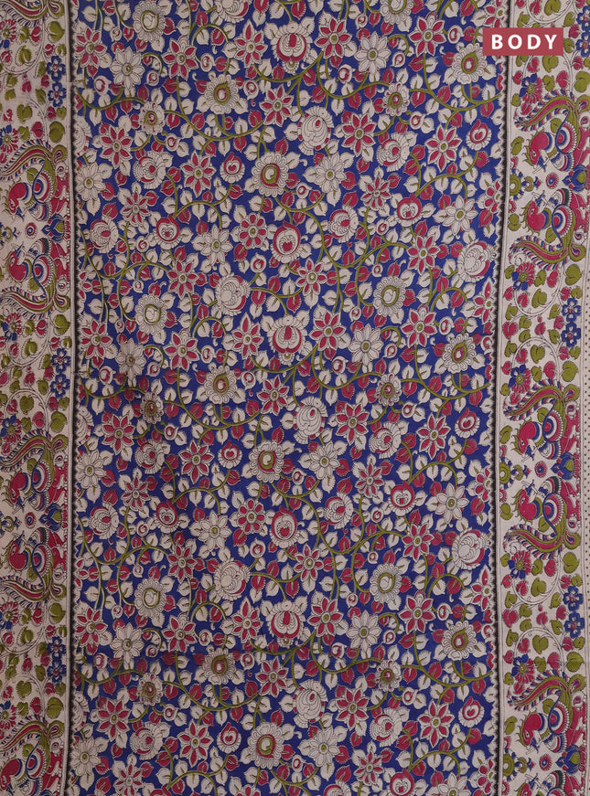 Kalamkari cotton saree blue and beige with allover prints and printed border