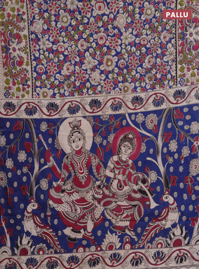 Kalamkari cotton saree blue and beige with allover prints and printed border