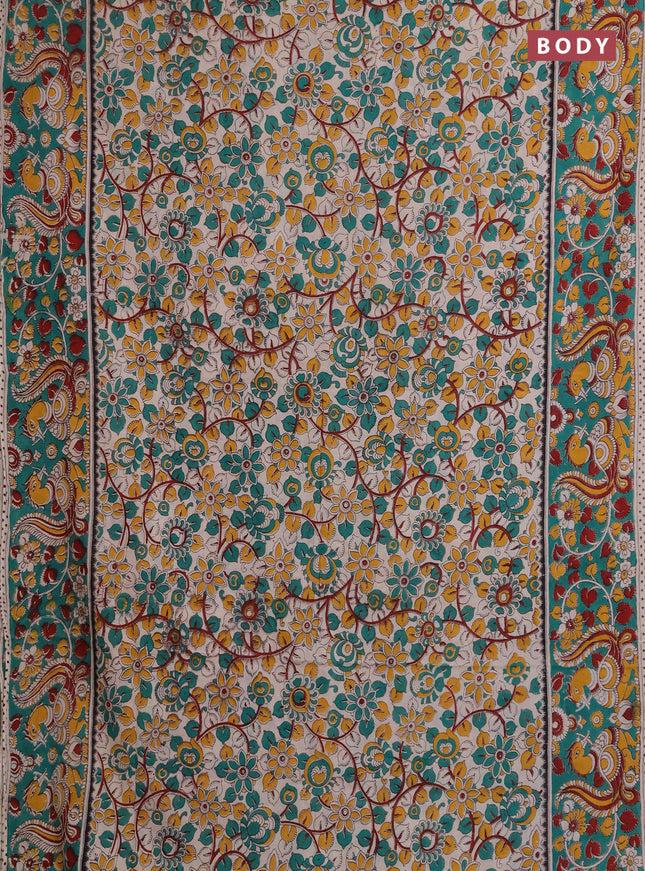 Kalamkari cotton saree beige and teal green with allover prints and printed border