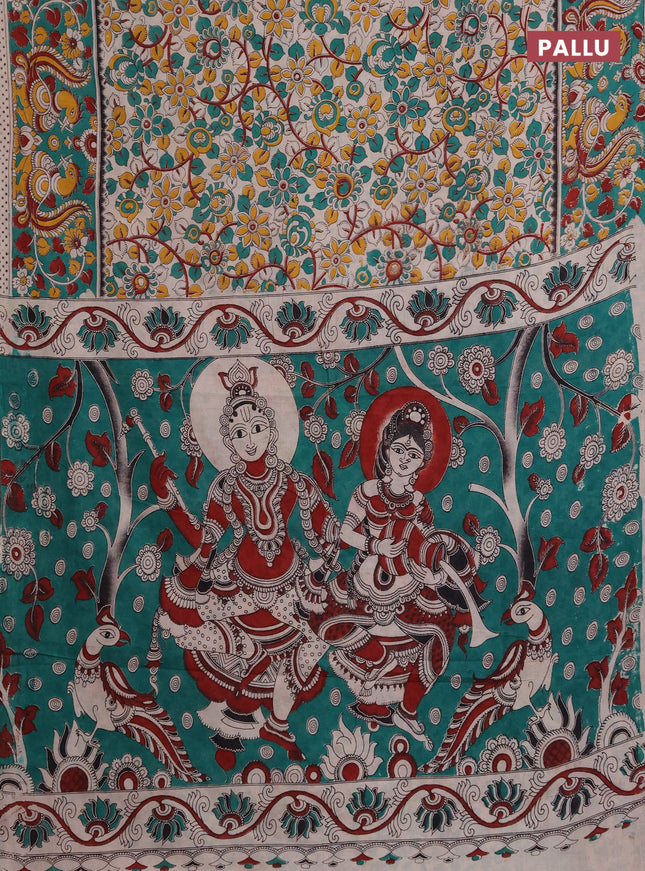 Kalamkari cotton saree beige and teal green with allover prints and printed border