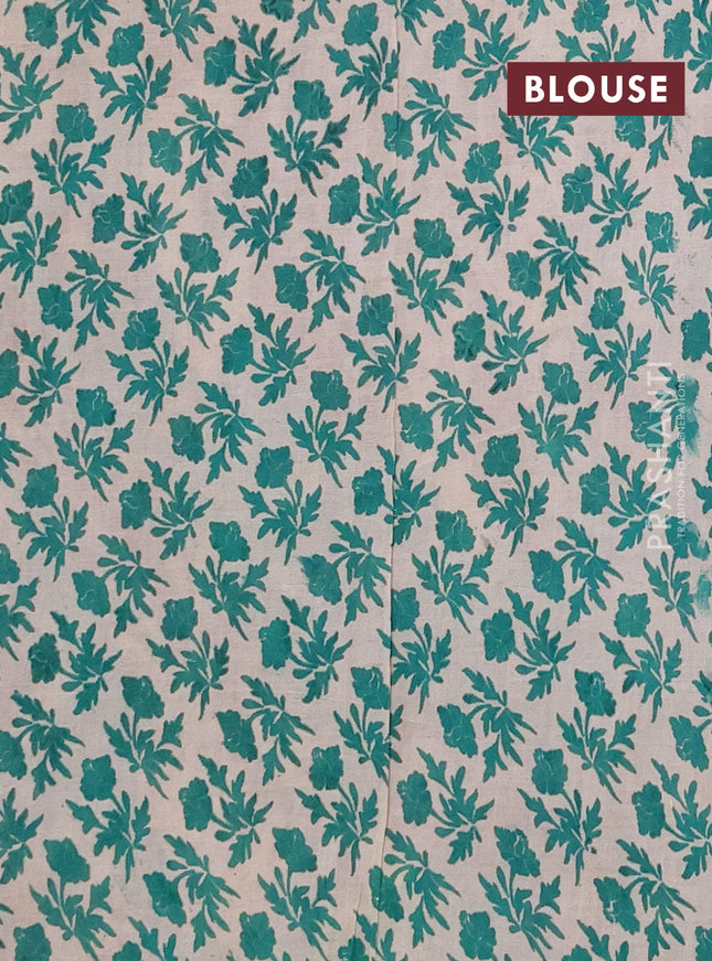 Kalamkari cotton saree beige and teal green with allover prints and printed border