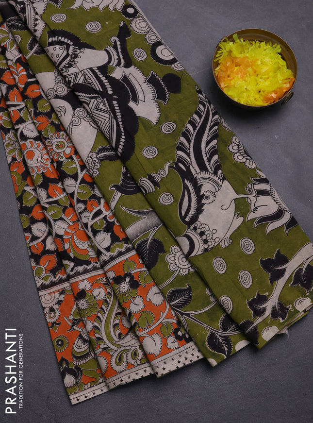 Kalamkari cotton saree black and orange with allover prints and printed border