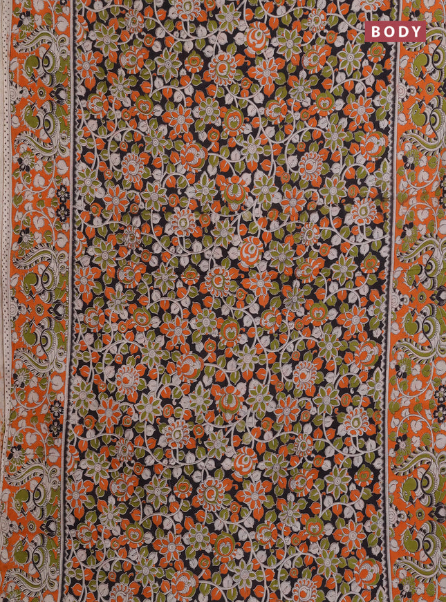 Kalamkari cotton saree black and orange with allover prints and printed border