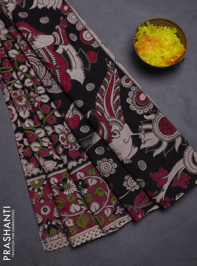 Kalamkari cotton saree black and magenta pink with allover prints and printed border