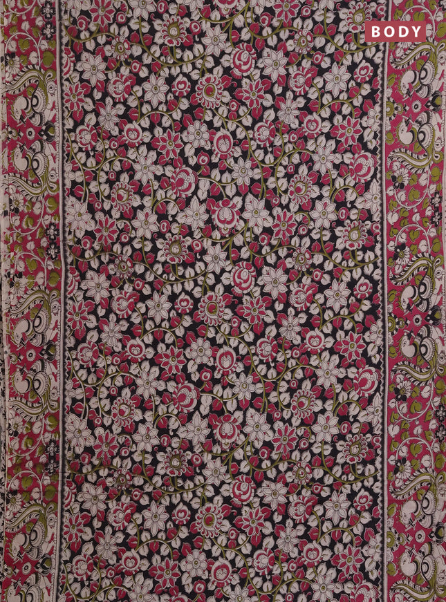 Kalamkari cotton saree black and magenta pink with allover prints and printed border