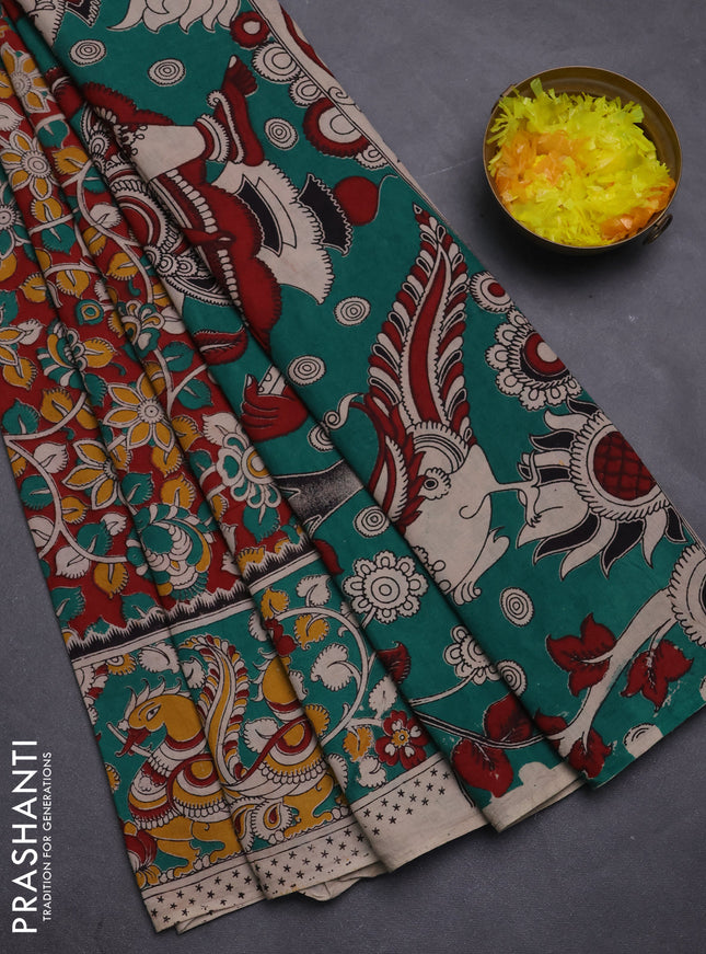 Kalamkari cotton saree maroon and green with allover prints and printed border