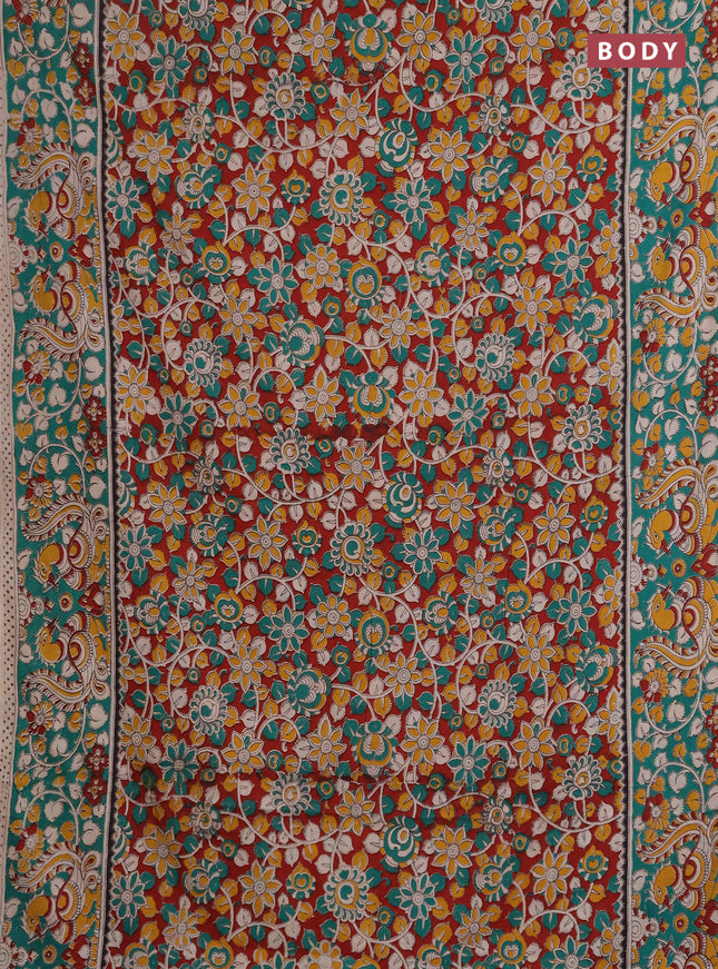 Kalamkari cotton saree maroon and green with allover prints and printed border