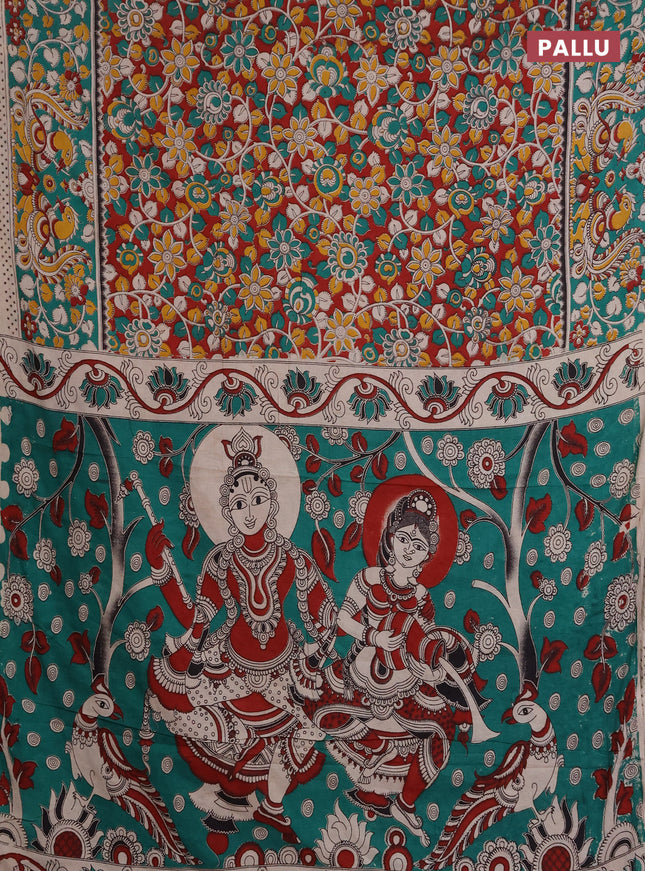 Kalamkari cotton saree maroon and green with allover prints and printed border