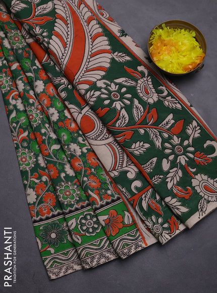 Kalamkari cotton saree green with allover prints and printed border