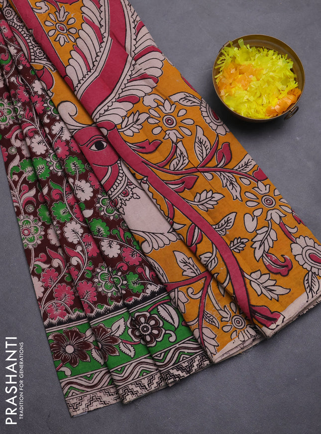 Kalamkari cotton saree deep maroon and light green with allover prints and printed border