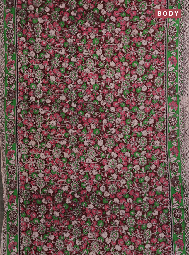 Kalamkari cotton saree deep maroon and light green with allover prints and printed border