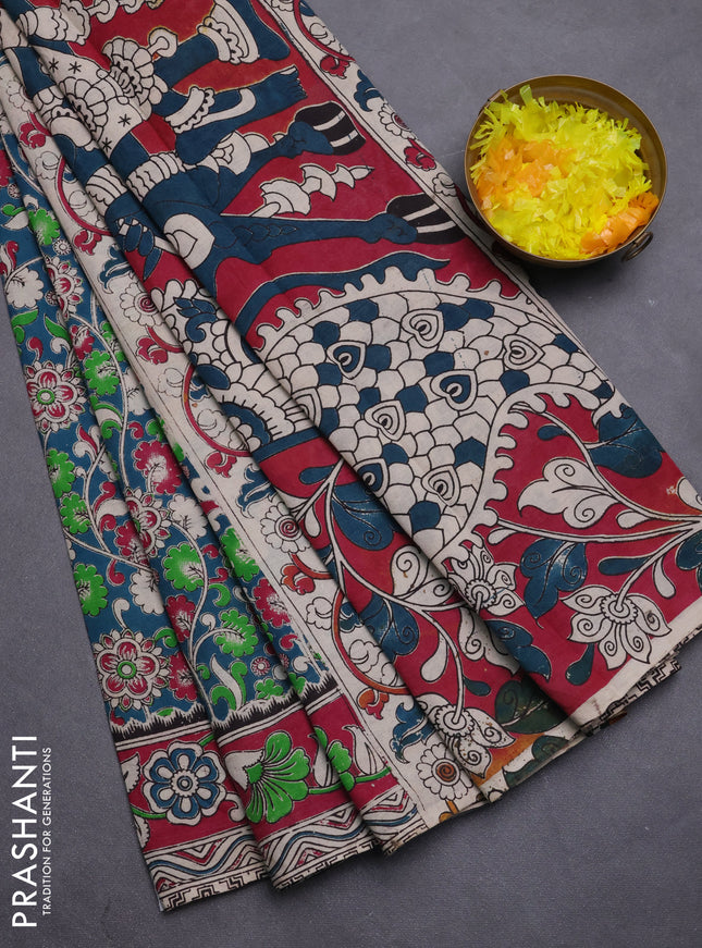 Kalamkari cotton saree peacock green and magenta pink with allover prints and printed border