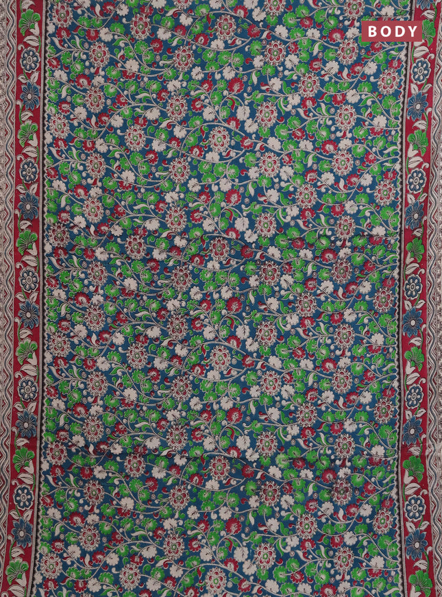 Kalamkari cotton saree peacock green and magenta pink with allover prints and printed border