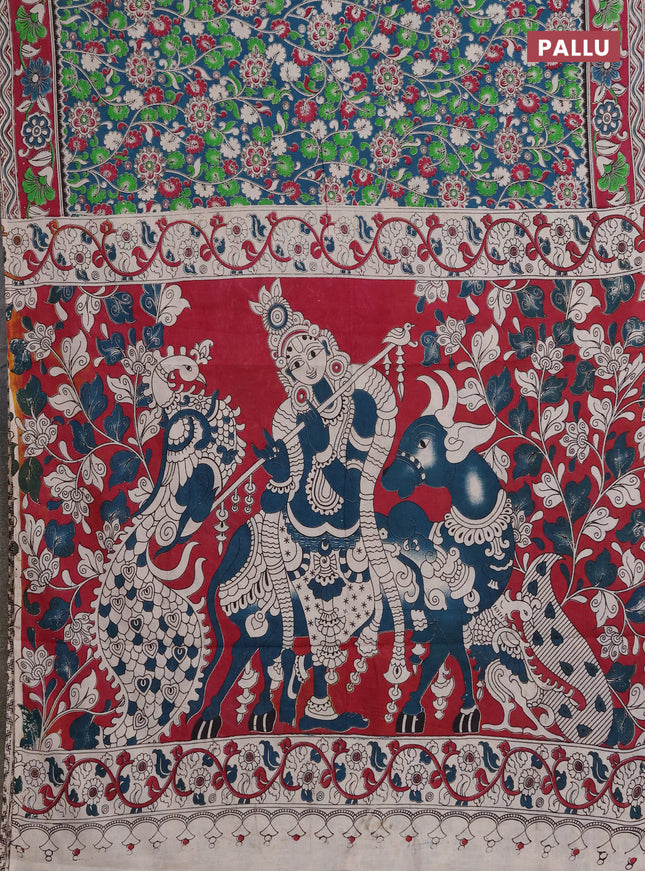 Kalamkari cotton saree peacock green and magenta pink with allover prints and printed border