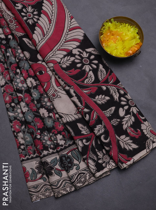 Kalamkari cotton saree black and beige with allover prints and printed border