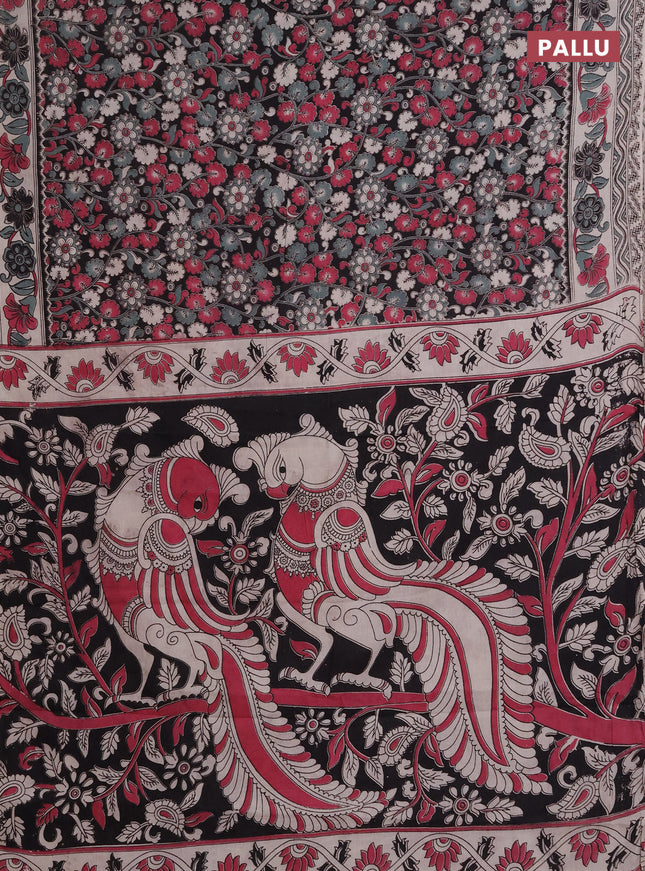 Kalamkari cotton saree black and beige with allover prints and printed border