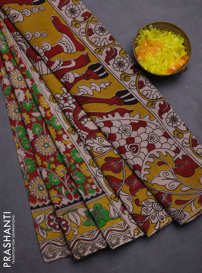 Kalamkari cotton saree maroon and yellow with allover prints and printed border