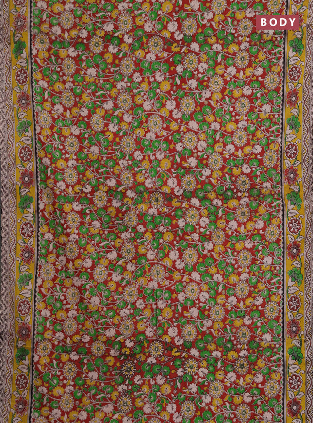 Kalamkari cotton saree maroon and yellow with allover prints and printed border