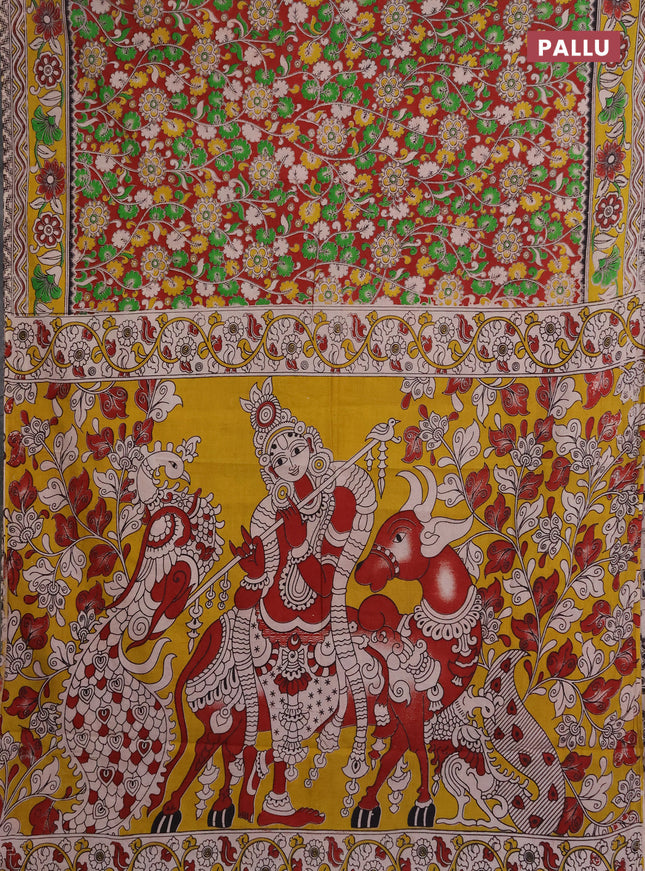 Kalamkari cotton saree maroon and yellow with allover prints and printed border