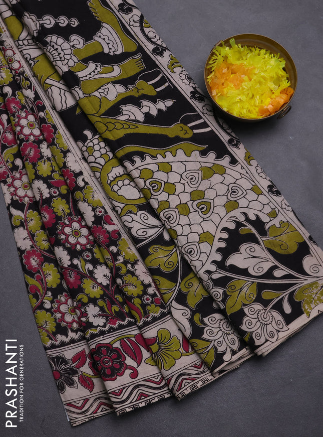 Kalamkari cotton saree black and beige with allover prints and printed border