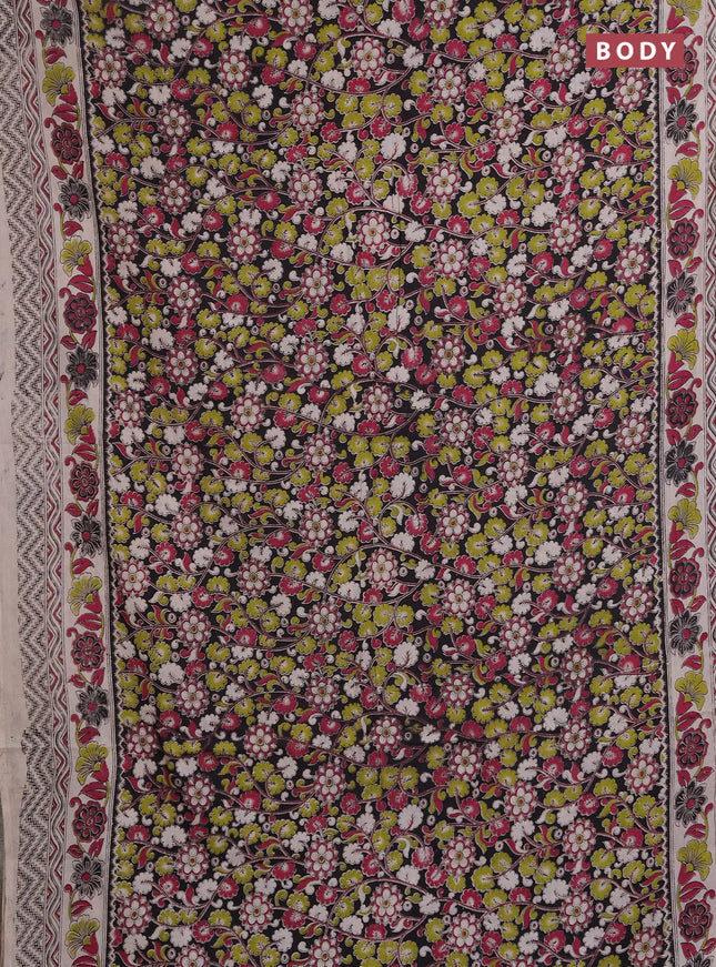 Kalamkari cotton saree black and beige with allover prints and printed border