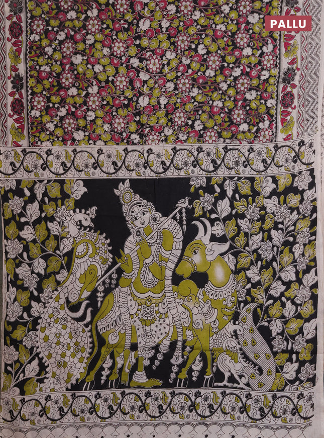 Kalamkari cotton saree black and beige with allover prints and printed border
