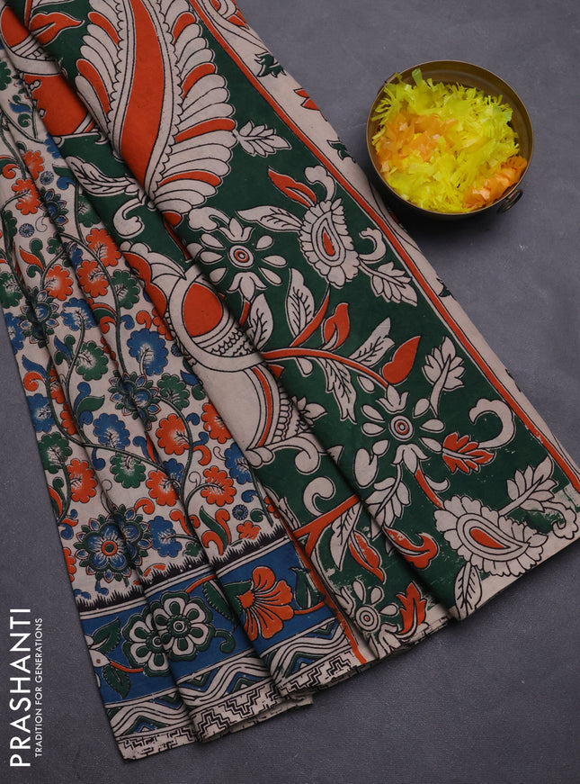 Kalamkari cotton saree beige and peacock green with allover prints and printed border