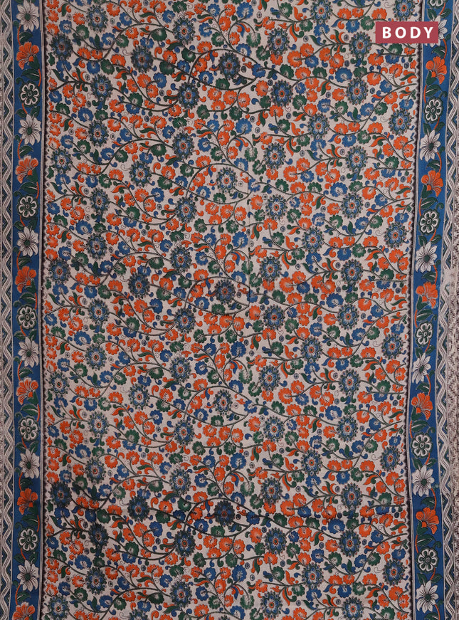 Kalamkari cotton saree beige and peacock green with allover prints and printed border