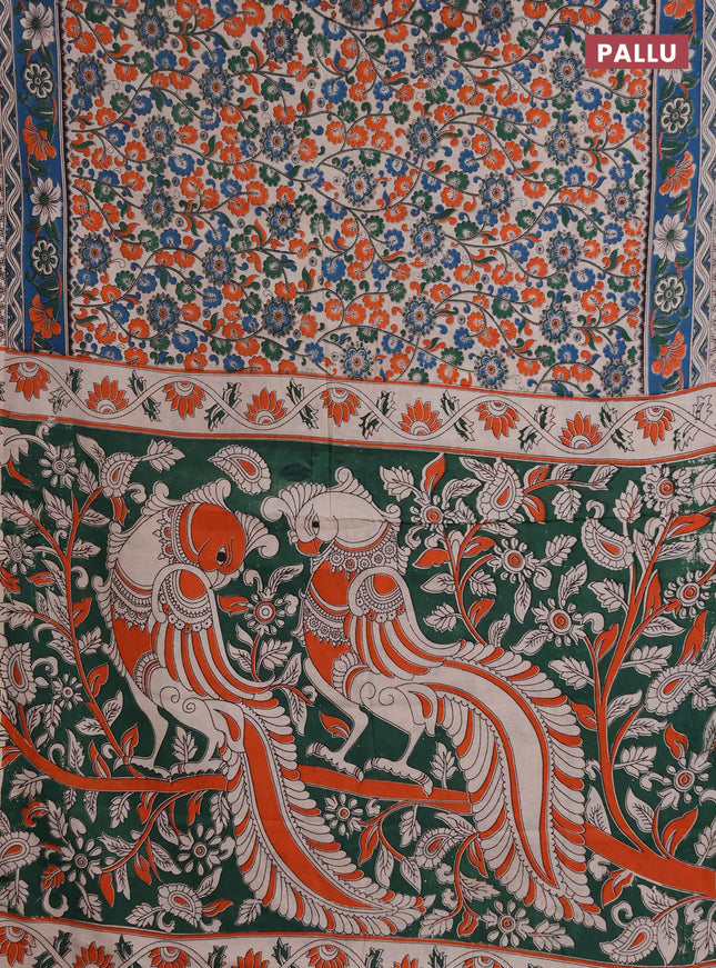 Kalamkari cotton saree beige and peacock green with allover prints and printed border