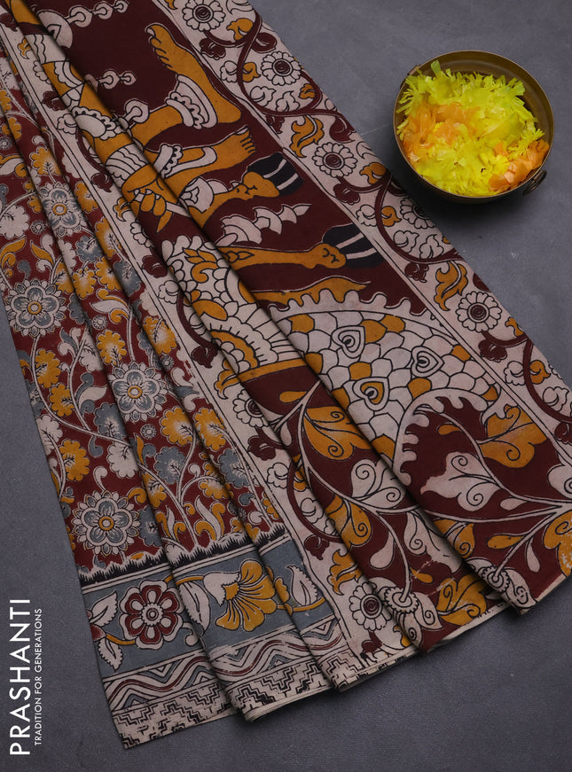 Kalamkari cotton saree maroon and grey with allover prints and printed border