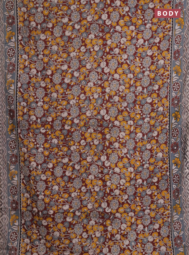 Kalamkari cotton saree maroon and grey with allover prints and printed border