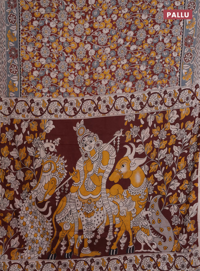 Kalamkari cotton saree maroon and grey with allover prints and printed border