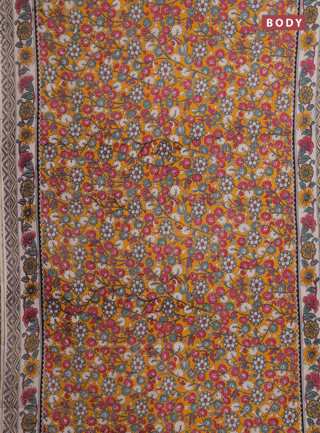 Kalamkari cotton saree yellow and beige with allover prints and printed border