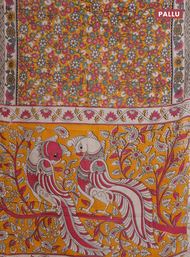 Kalamkari cotton saree yellow and beige with allover prints and printed border