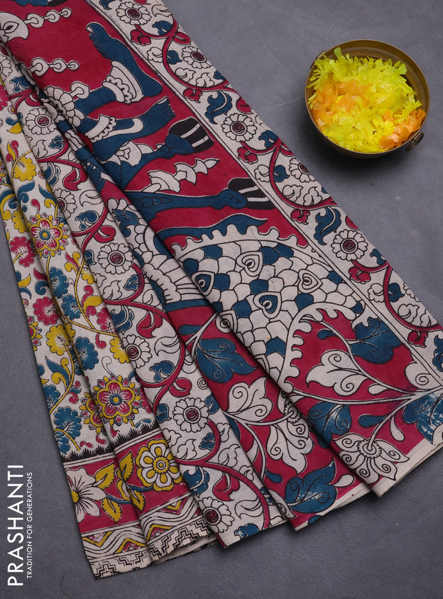 Kalamkari cotton saree beige and magenta pink with allover prints and printed border
