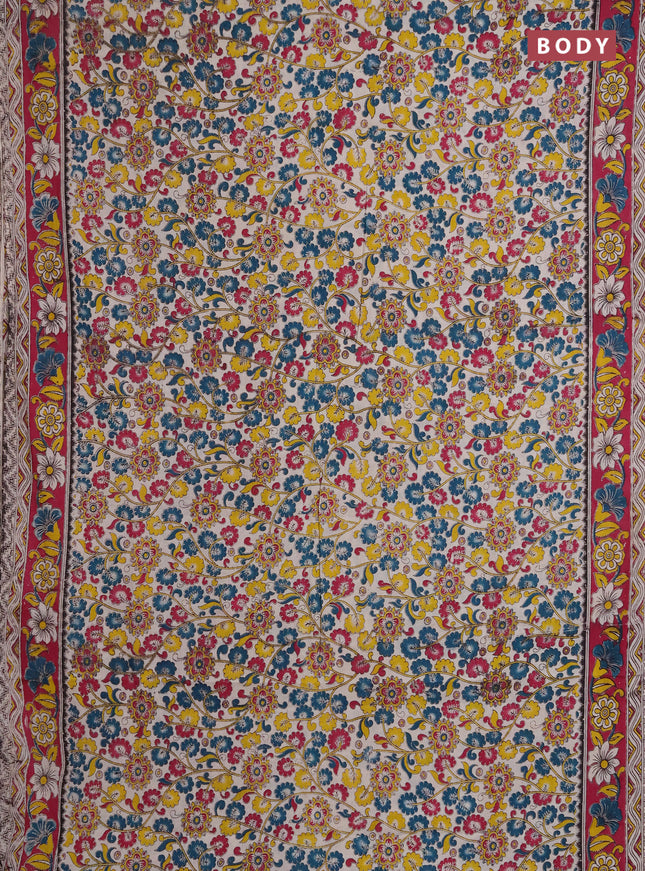 Kalamkari cotton saree beige and magenta pink with allover prints and printed border