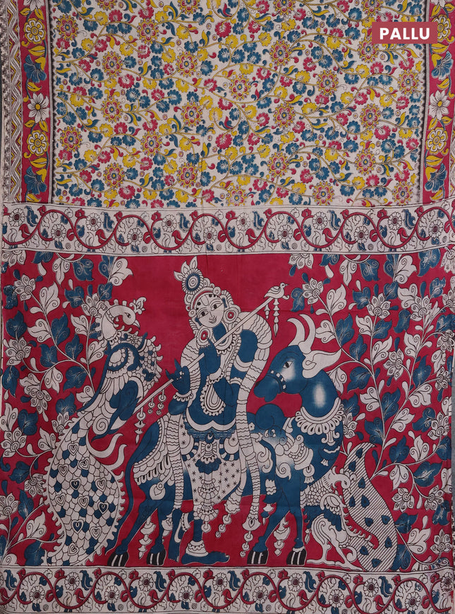 Kalamkari cotton saree beige and magenta pink with allover prints and printed border