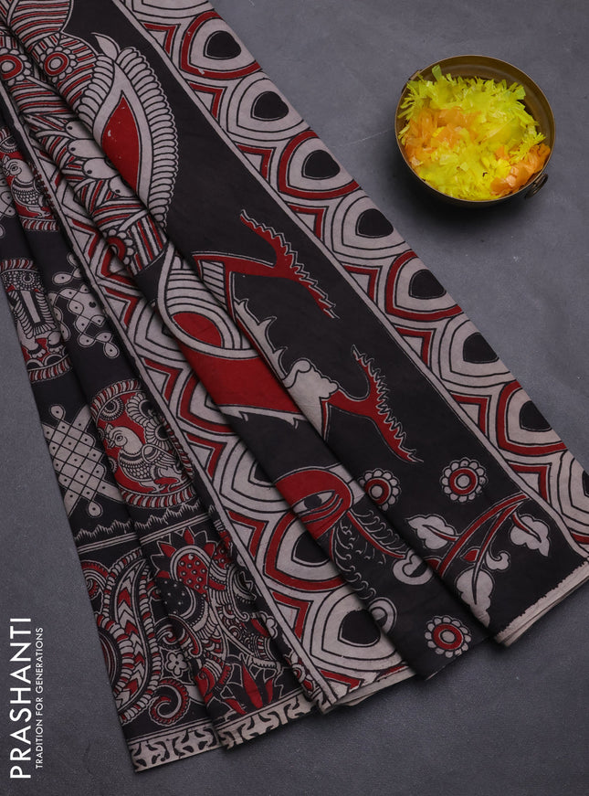 Kalamkari cotton saree black with allover prints and printed border