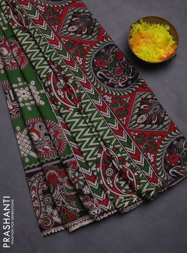 Kalamkari cotton saree green and black with allover prints and printed border