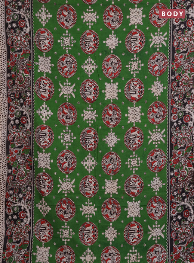 Kalamkari cotton saree green and black with allover prints and printed border