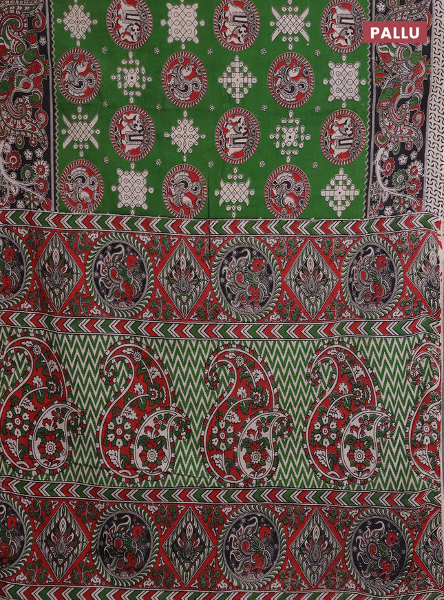 Kalamkari cotton saree green and black with allover prints and printed border